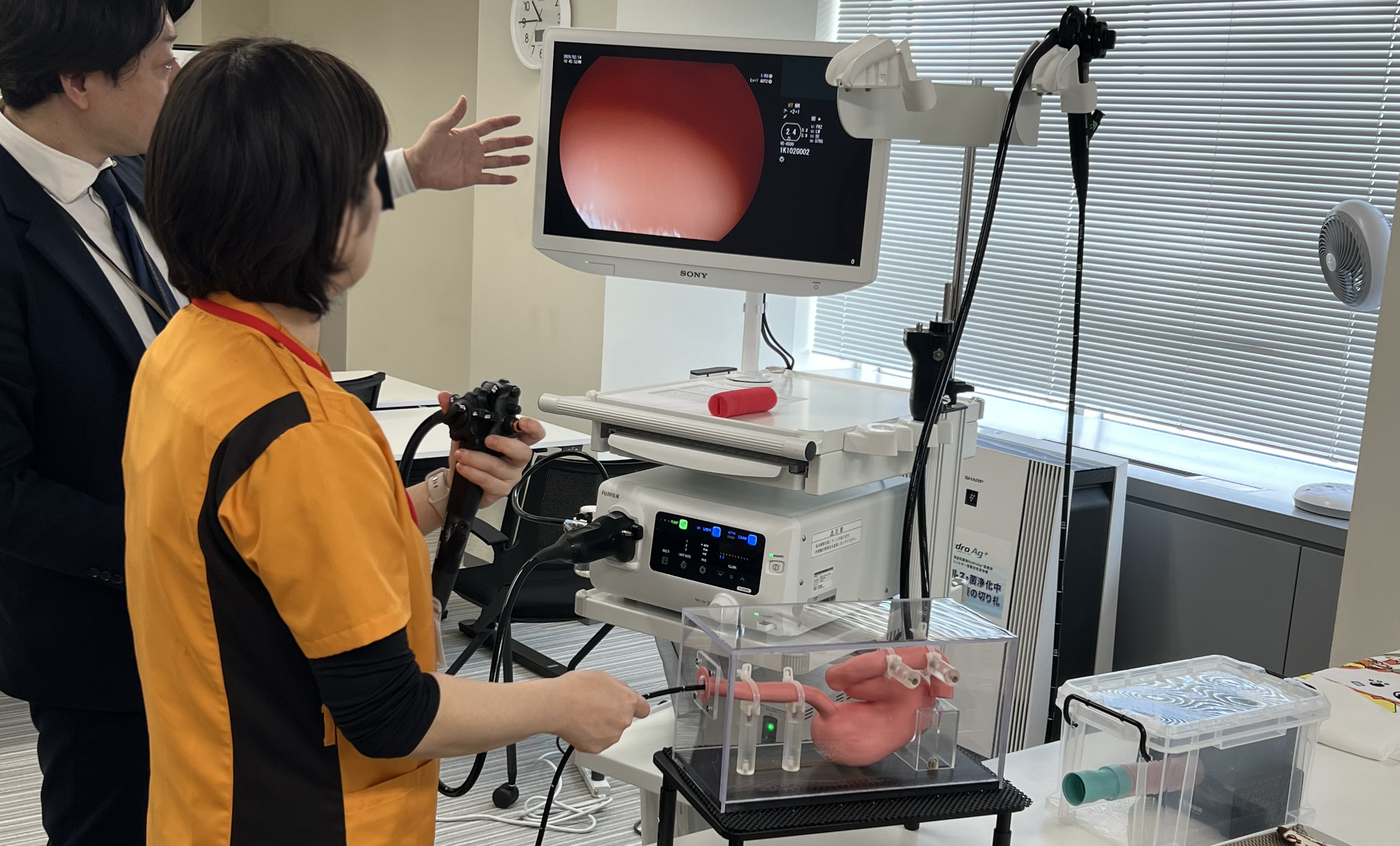 mマーゲンモデルに内視鏡を使用して実習を行う参加者