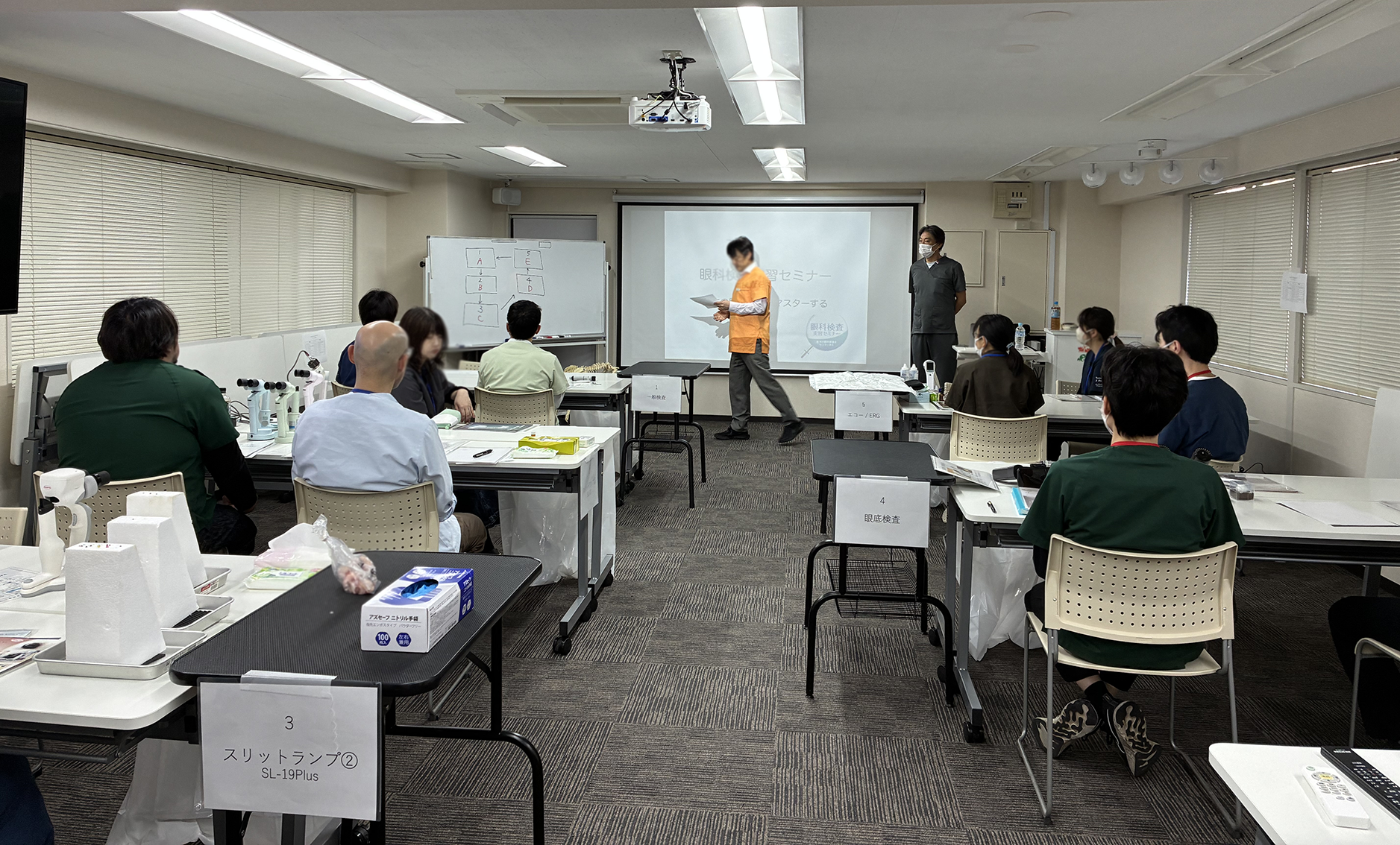 左右で3つずつ長机が並んでおり、それぞれに参加者が複数人着席している。中央に大きなスクリーンと講師、Life&Tailのスタッフがいる